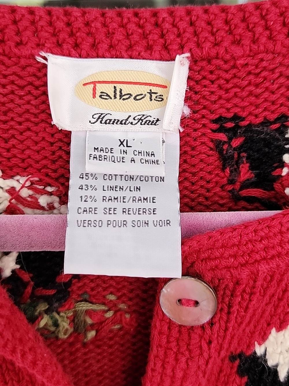 Talbots Hand Knit 90's Cotton Linen Blend Sheep-Pattern Button Cardigan Sz XL - Picture 3 of 12